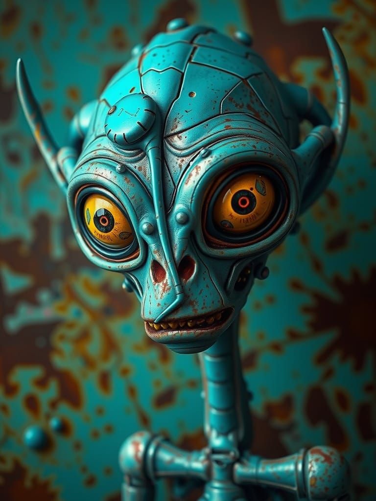 Grotesque Turquoise Alien Portrait in Hyperrealistic Style