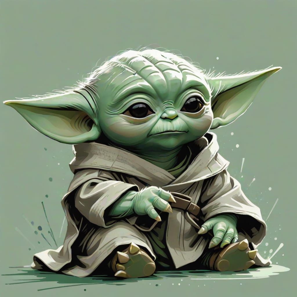 Monochromatic Green Ink Illustration of Baby Yoda