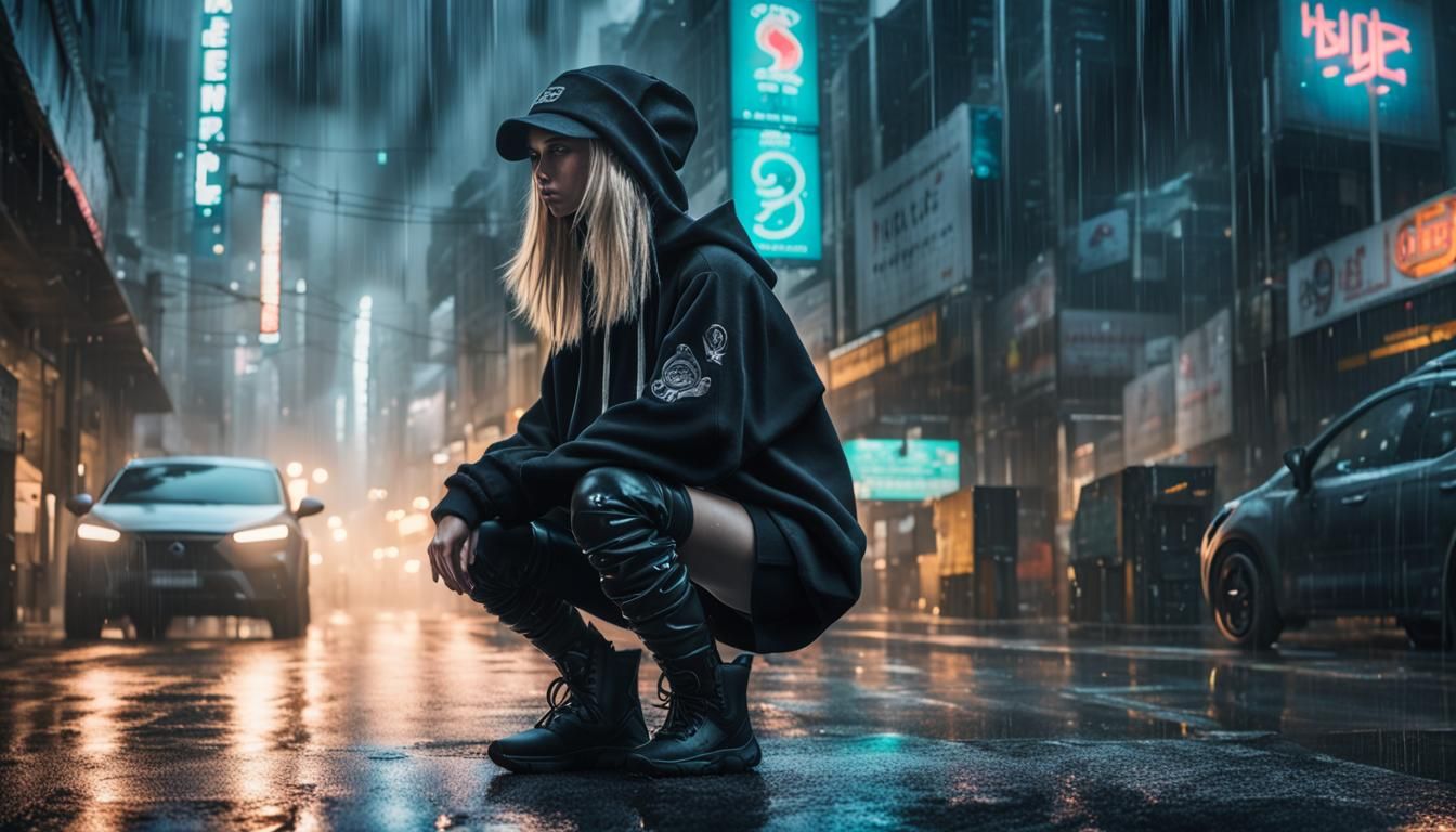 Girl in Cyberpunk Cityscape with Moody Lighting