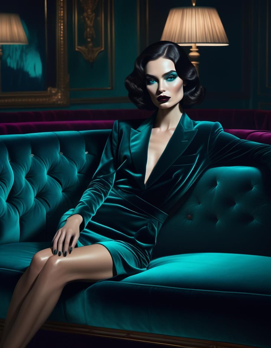 Elegant Woman on Velvet Sofa: Hyper-Realistic Portrait