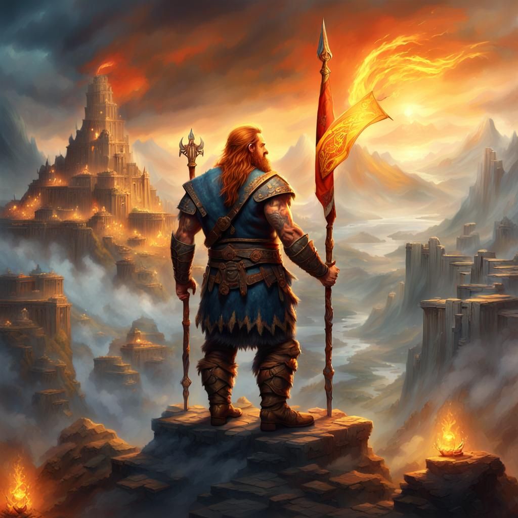 Dwarf Barbarian with Flaming Flag in Fantasy Landscape