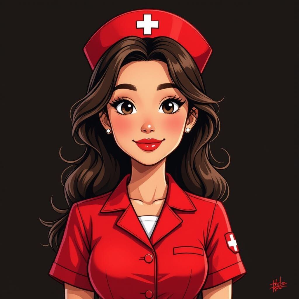 Cartoon Nurse in Red Uniform Charcoal Drawing