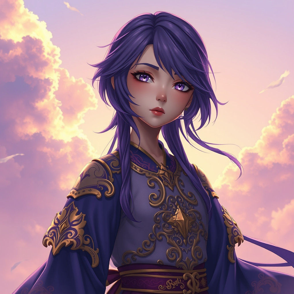 Purple-Haired Girl in Manga Style with Golden Outfit