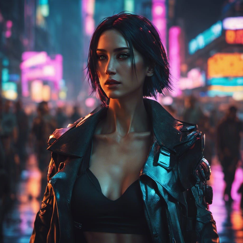 Cyberpunk Beauty Walking in Neon City
