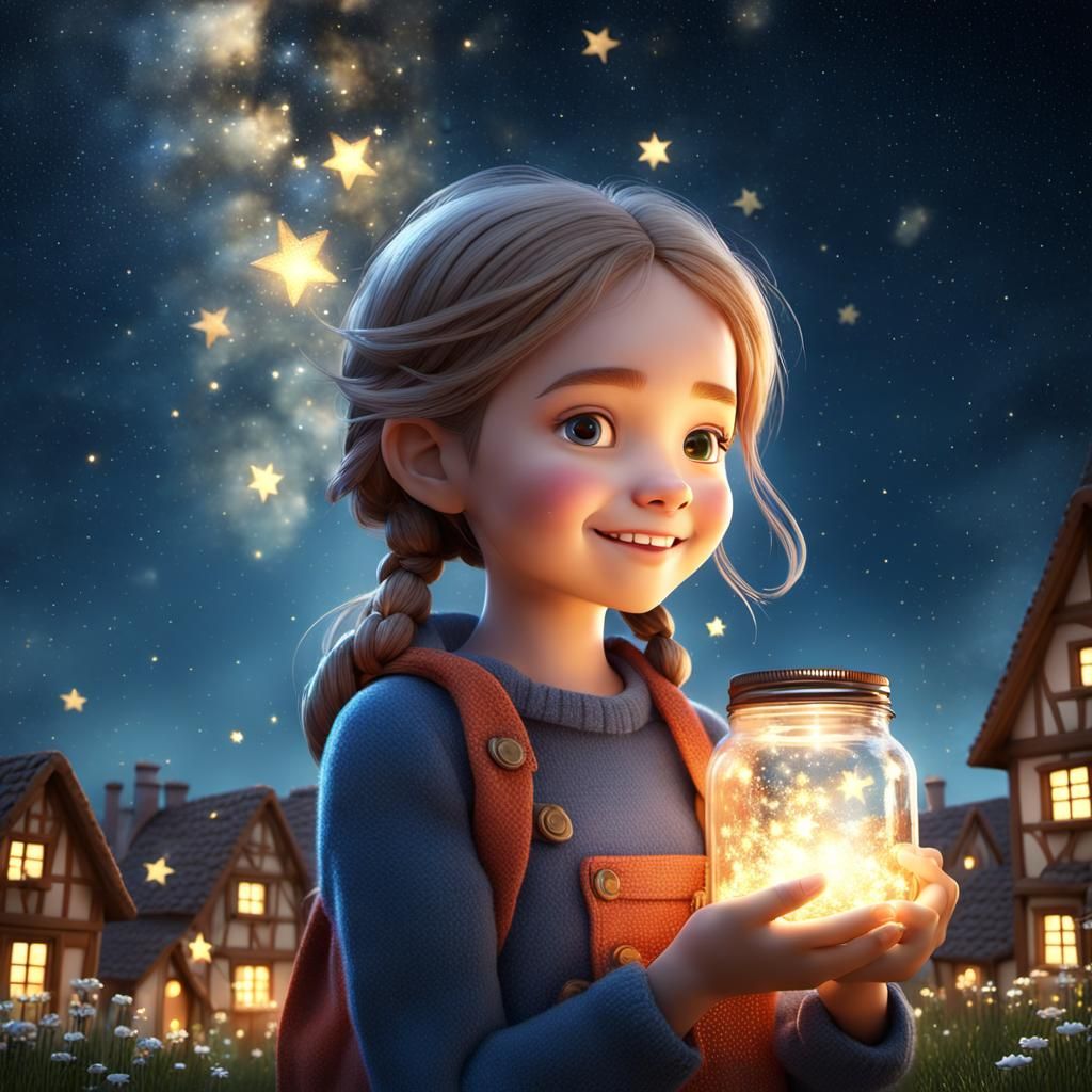 The young girl holding a jar filled with glowing light, and ...