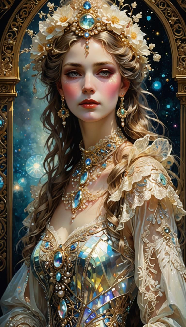 Iridescent Woman in Pearls and Lace: Fantasy Portrait