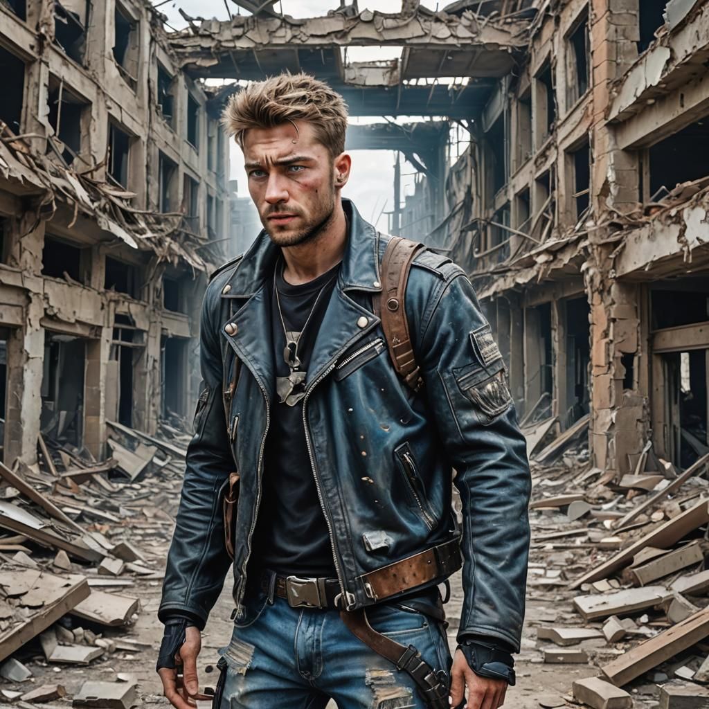 Post-Apocalyptic Survivor in Destroyed City Ruins