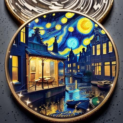 a steaming coffee mug-shaped coin with a warmly lit night cafe scene on one side, golden light spilling from the windows...