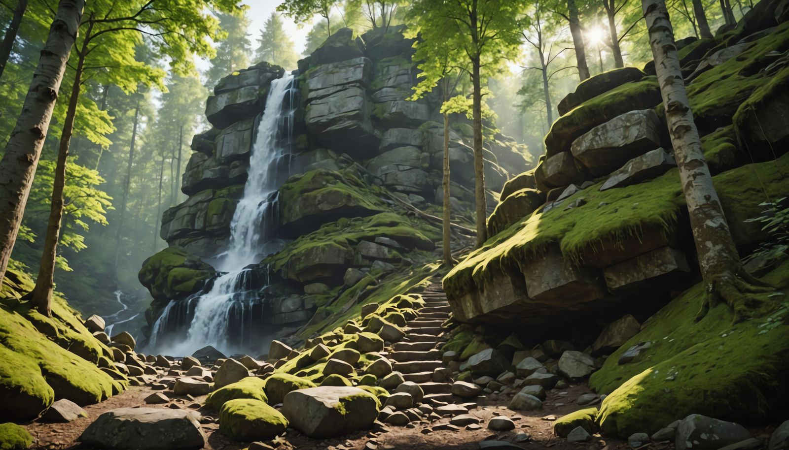 Hyperrealistic Forest Waterfall Scene with Cairn