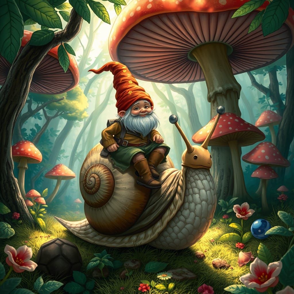 Mystical Gnome Rides Giant Snail Through Emerald Forest in W...