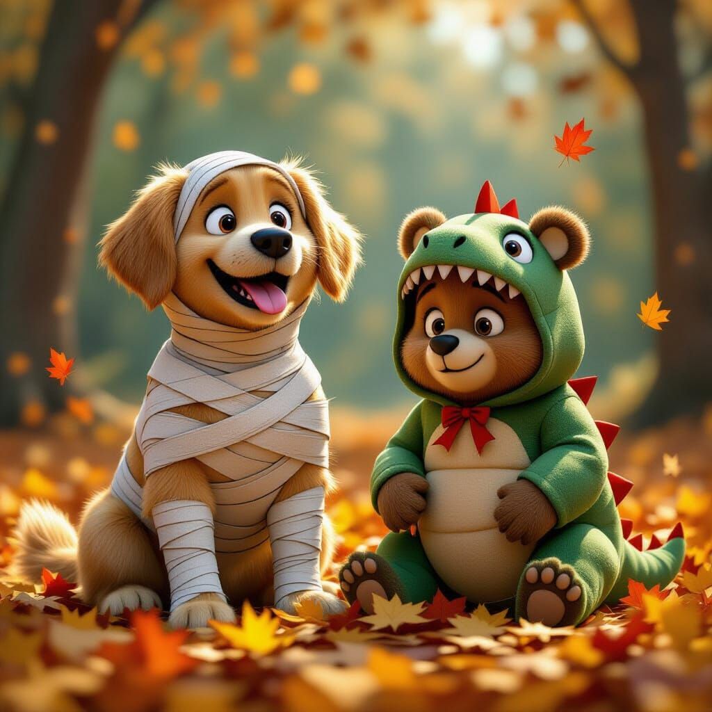 Golden Retriever Mummy & Bear Cub Dinosaur Costume