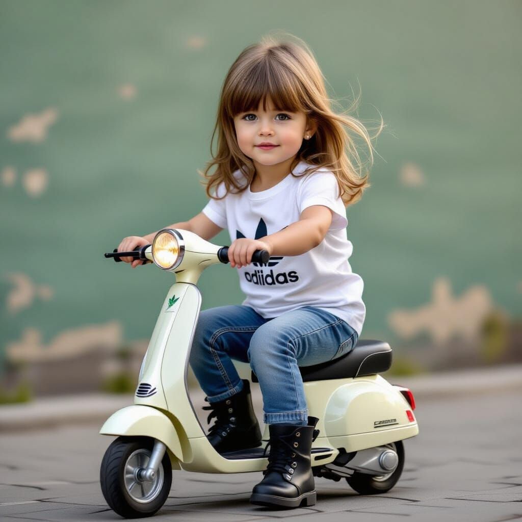 Young Girl Rides Scooter in Realistic Bright Photo