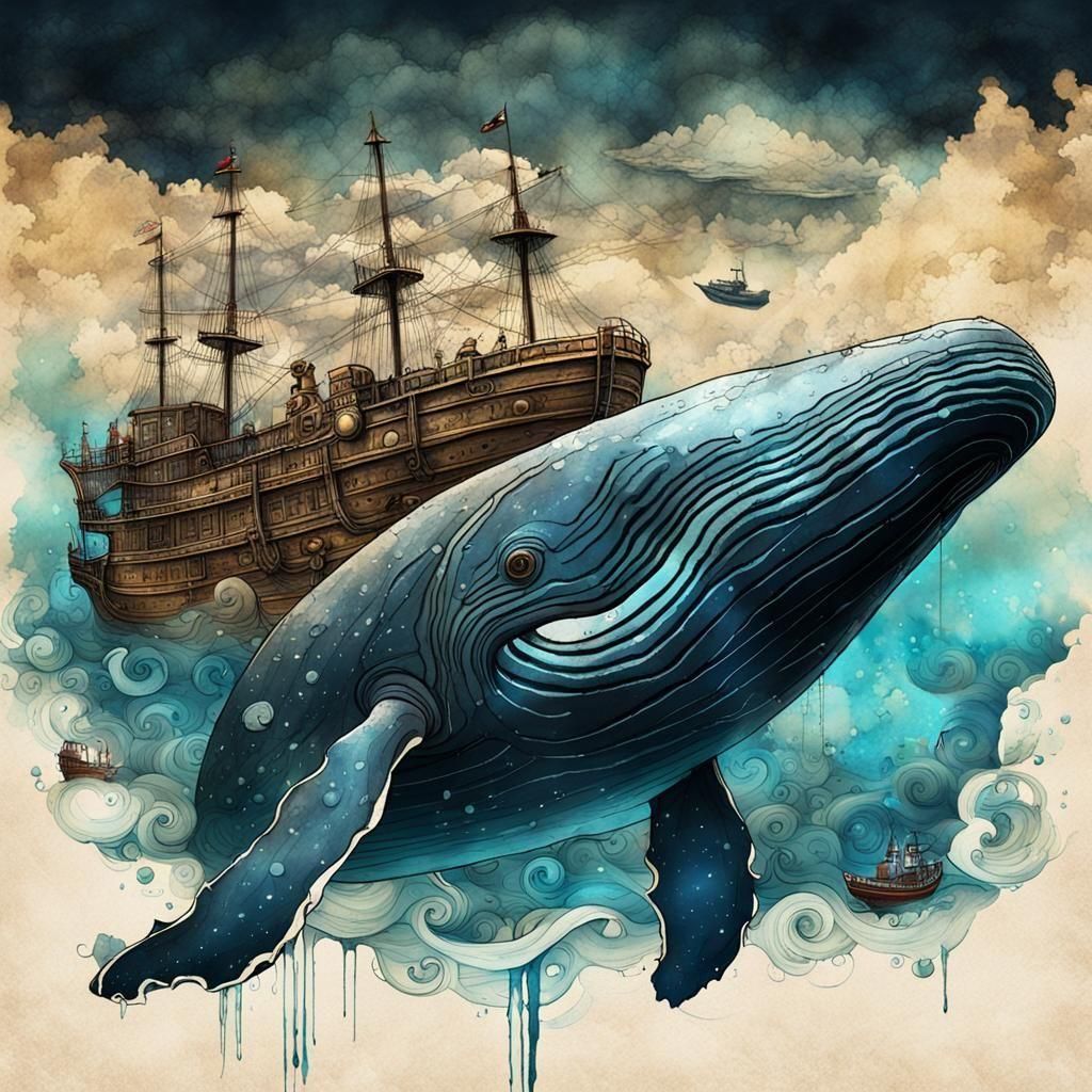 Steampunk Whale in Ocean Ink Painting