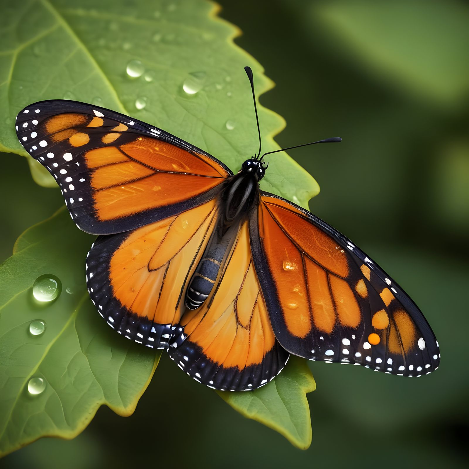 Monarch Butterfly on Rainy Leaf in Bokeh Lighting