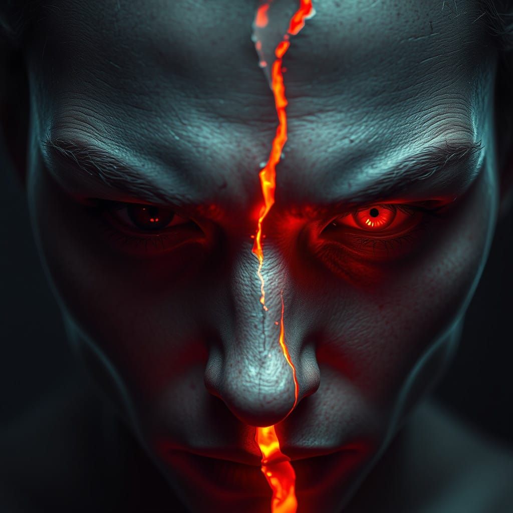 Face Shatters in Chiaroscuro, Dark Fantasy Portrait