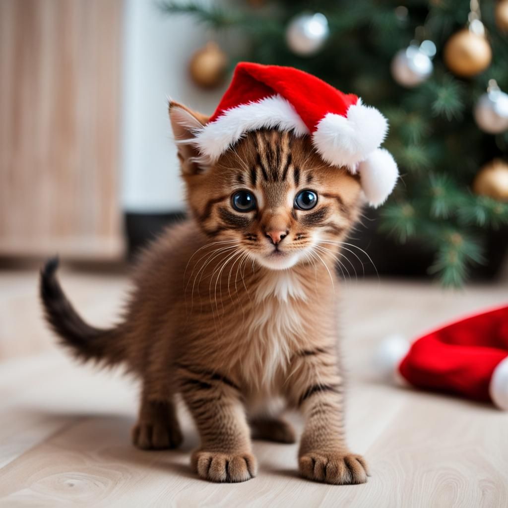 an extremely cute brown kitten with a Santa hat on his head. It is in a house.