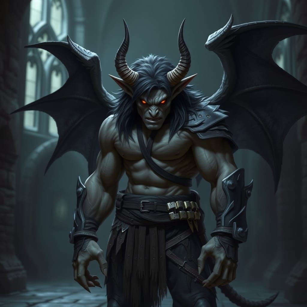 Gothic Horror: Muscular Winged Creature in Dark Setting