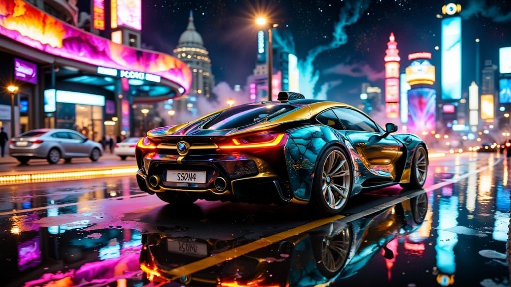 Futuristic BMW Drifts in Neon Cityscape
