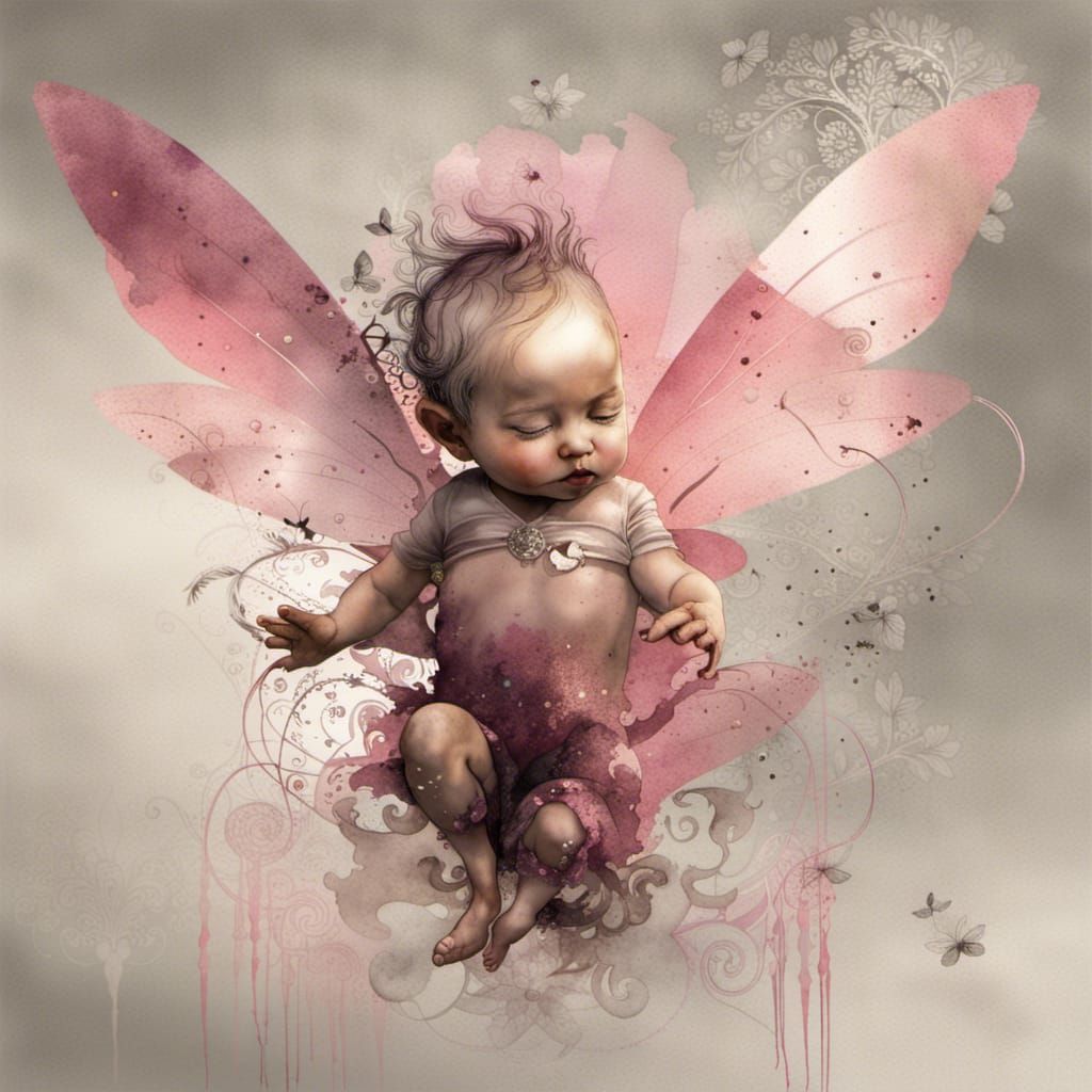 Whimsical Baby Fairy in Pink Watercolor Style