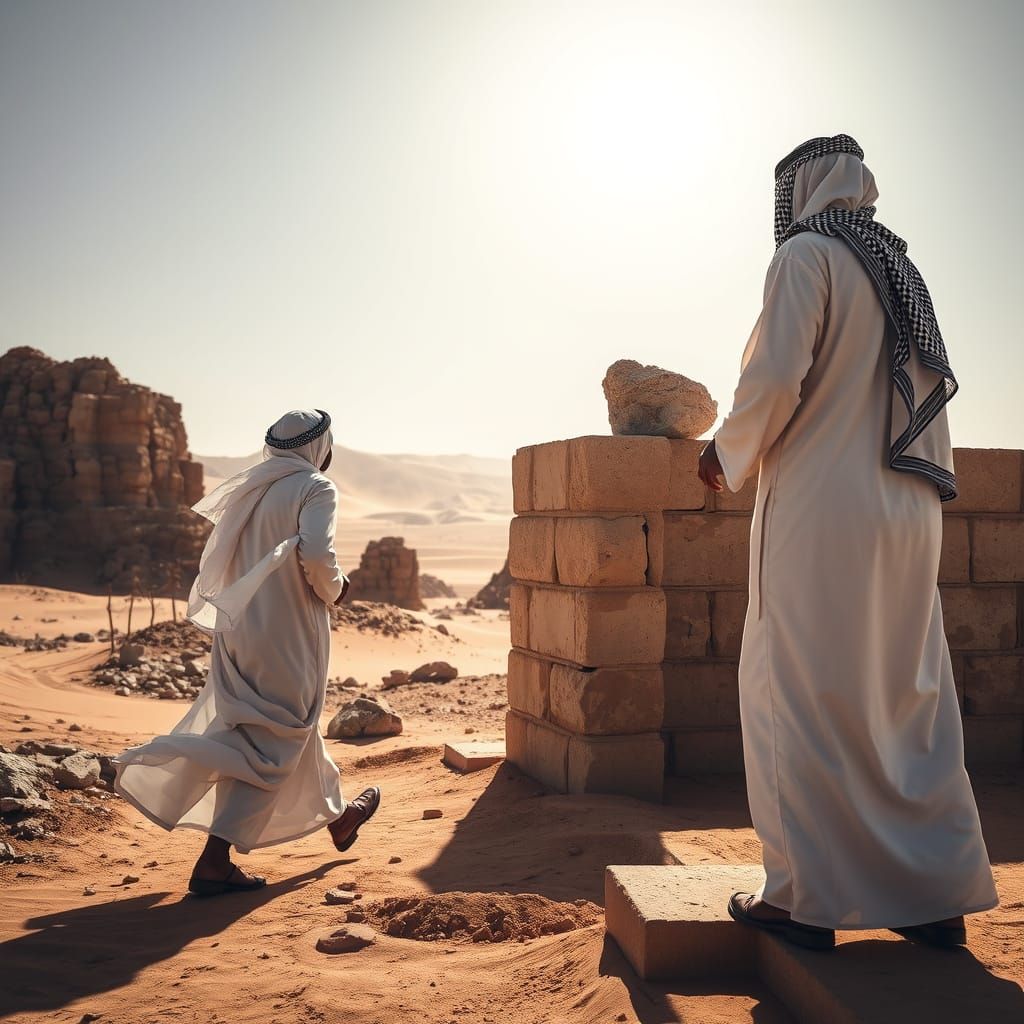 Arab Men Labor in Desert Construction Site Amidst Epic Lands...