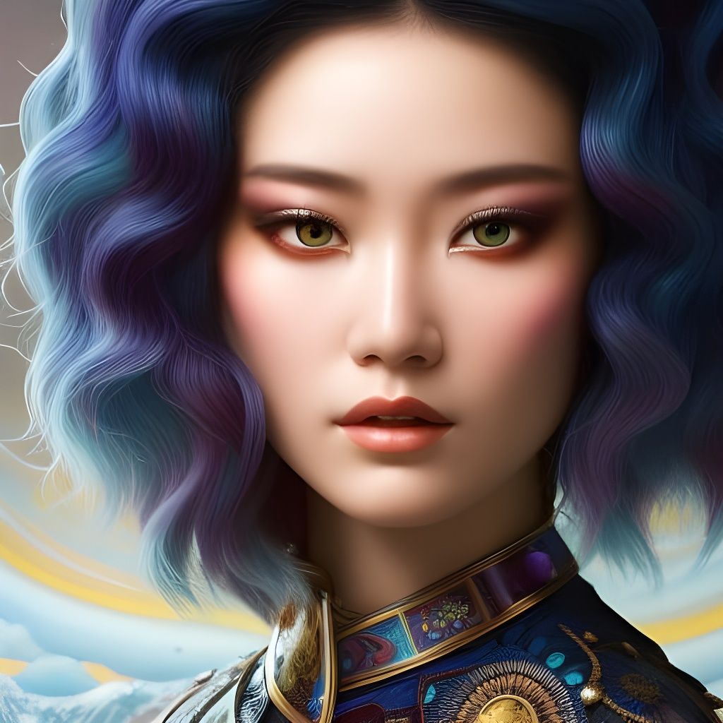 Beautiful Ainu Woman with Blue Hair: 3D Illustration