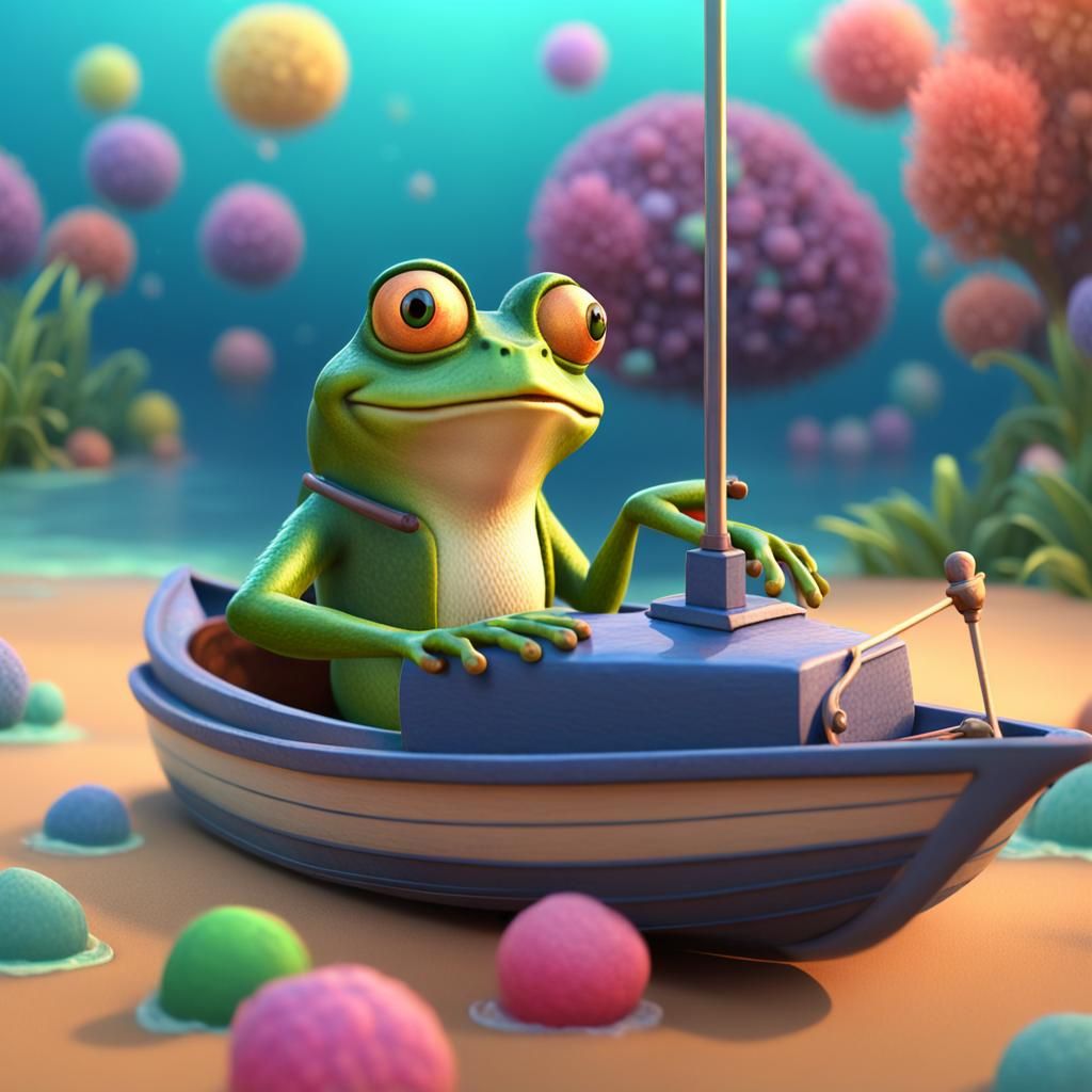 Frog Sailing Boat on Ocean: 3D Digital Art