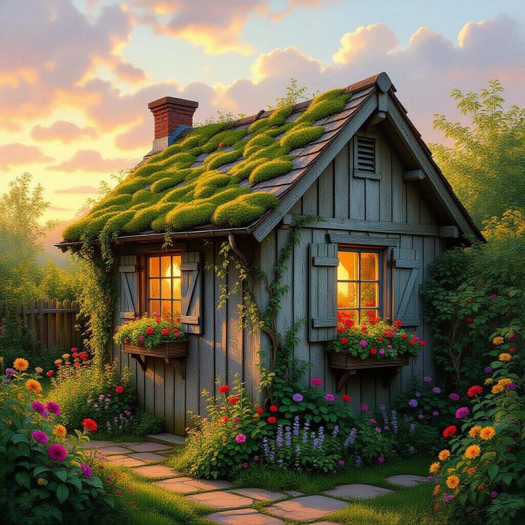 Whimsical Garden Shed at Sunset Impressionist Style