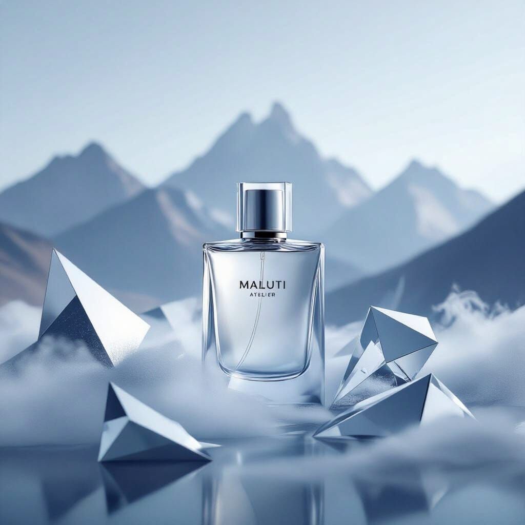 Luxury Fragrance Ad: Frosty Bottle with Geometric Shapes