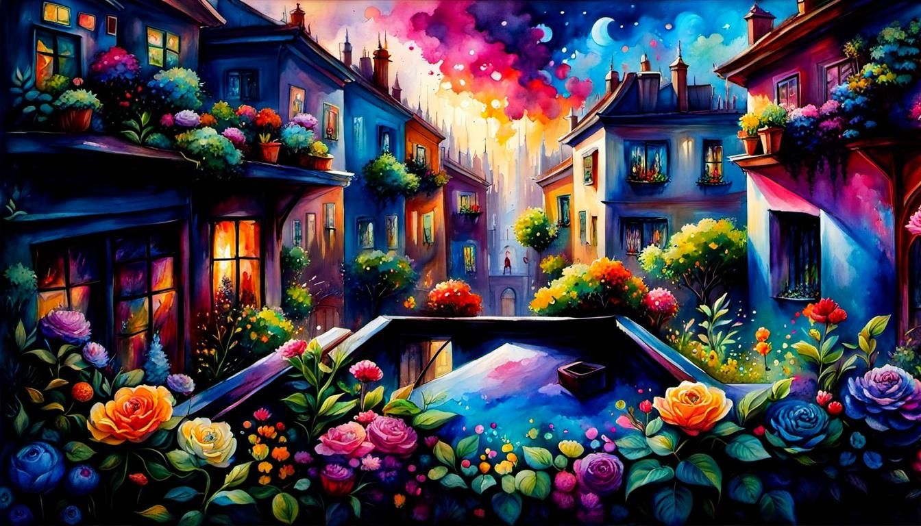 Rooftop Garden in Watercolour Splash Art Style