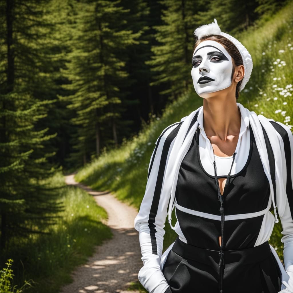 Elegant Mime Woman Hiking in French Alps