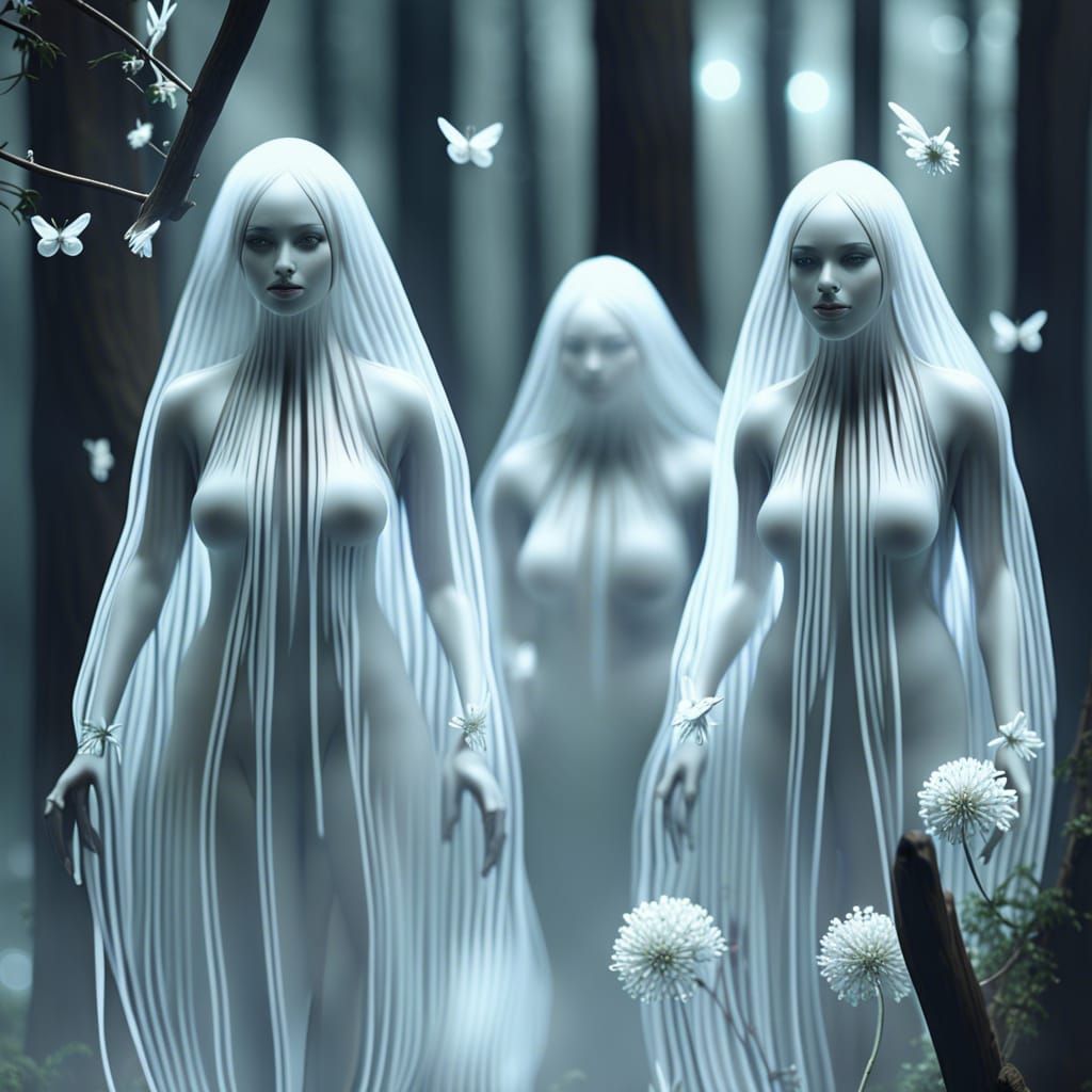 Ethereal Figures in Misty Woods: A Cinematic CGI Render