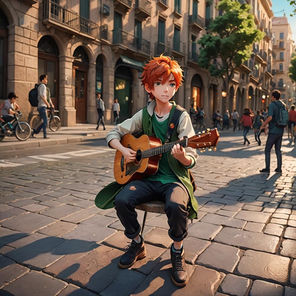 Anime Boy Plays Guitar in Barcelona: 3D Art