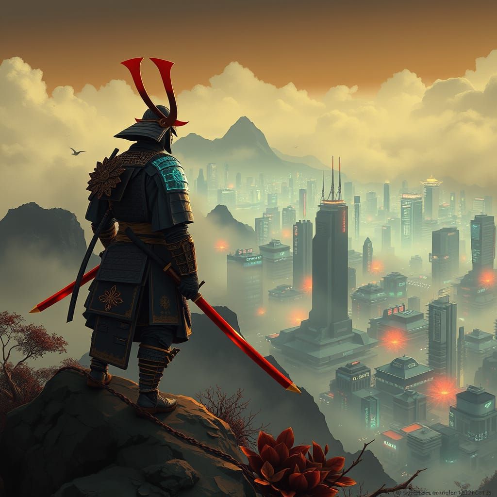 Samurai in Cyberpunk City, Ghibli Style