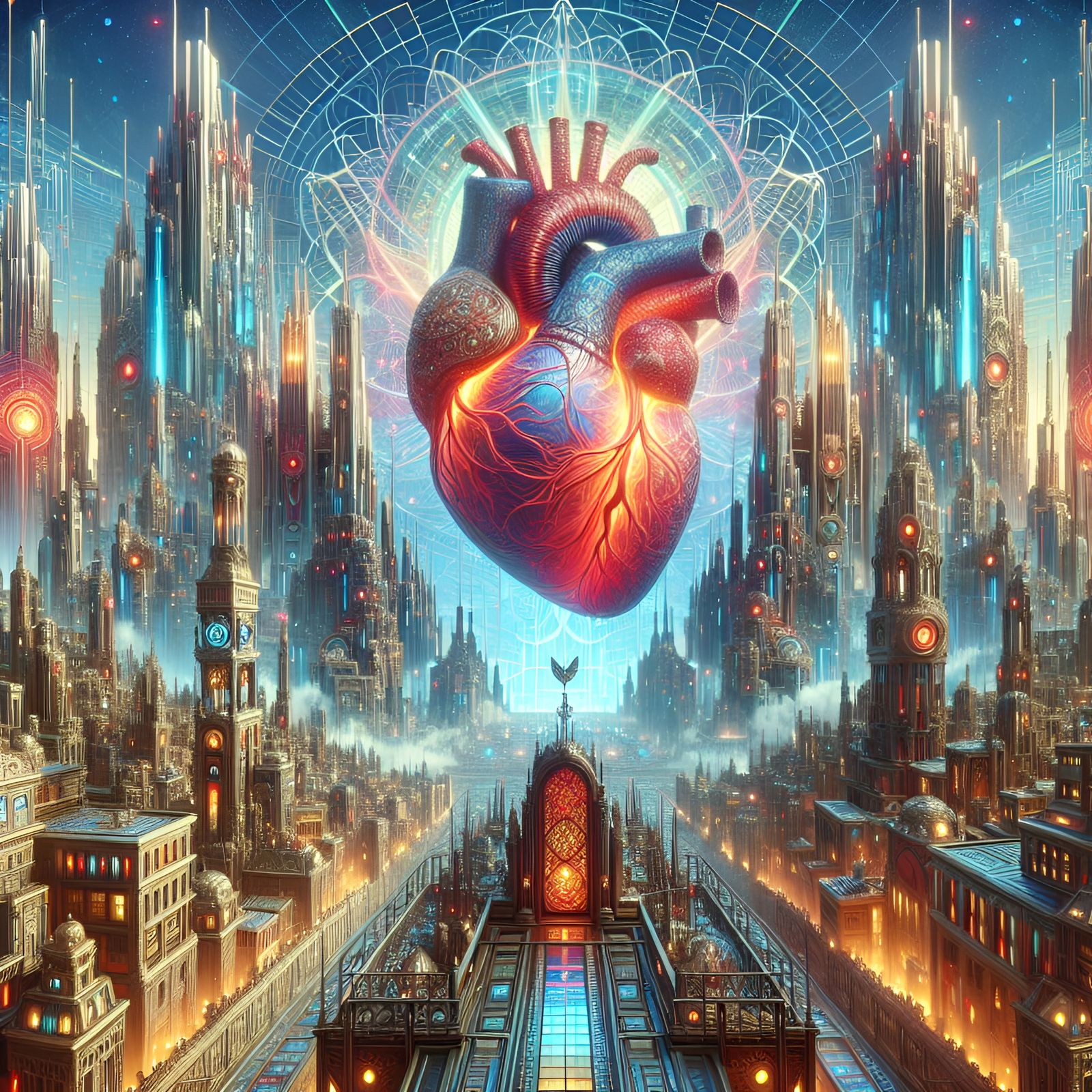 Steampunk Cityscape with Animated Heart in 8K