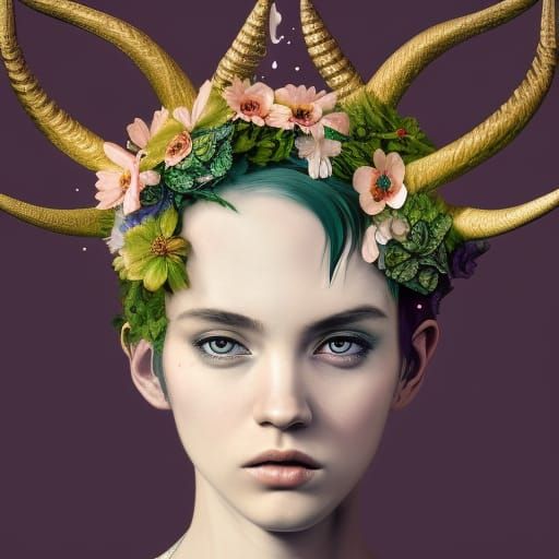 Woman with Floral Horns: Detailed Fantasy Portrait