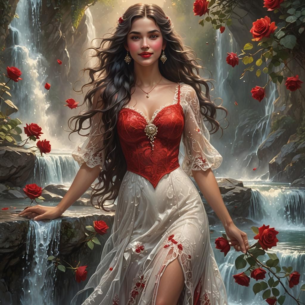 Ethereal Woman with Red Rose in Fantasy Waterfall