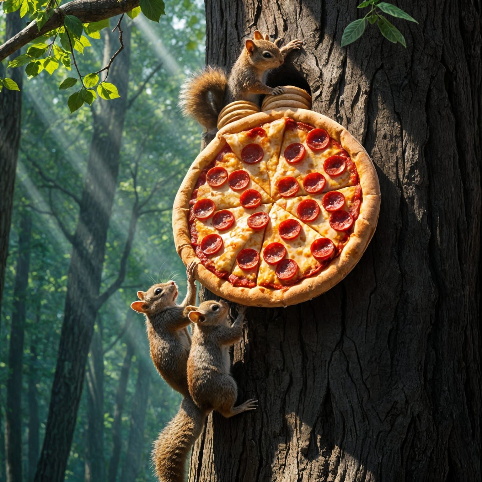 Squirrels Hoarding Pizza in Hyperrealistic Forest Scene