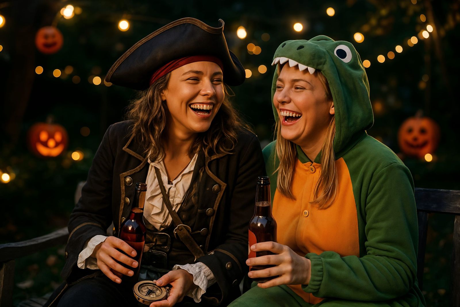 Halloween Friends Laughing in Pirate and T-Rex Costumes