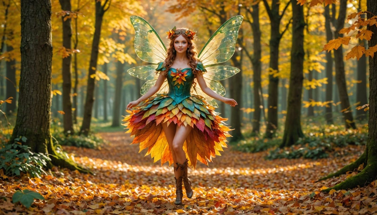 Fairy Dancing in Autumn Woodlands with Multicolored Wings