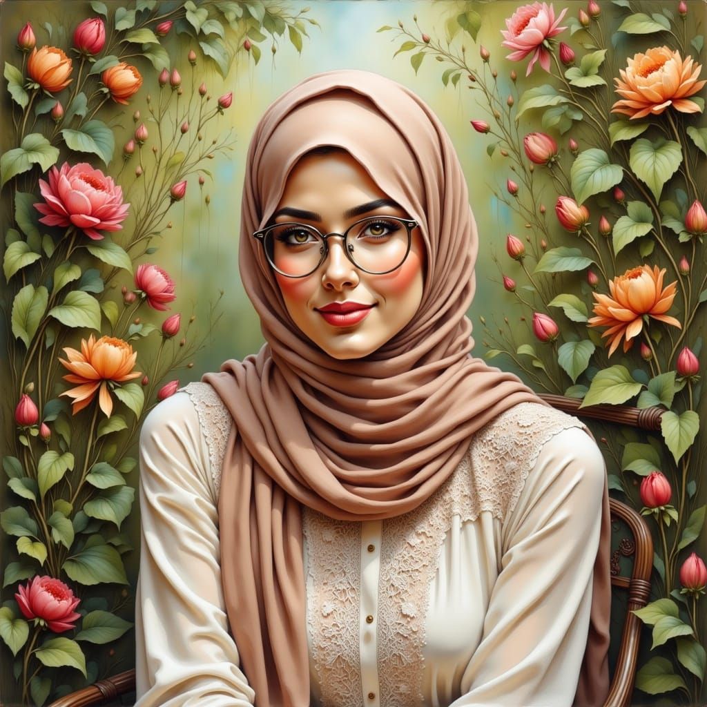 Serene Hijabi Woman in Lush Garden, Digital Art