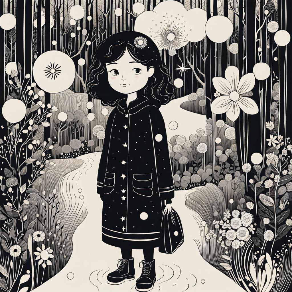 Forest in Starry Night: Detailed Black and White Illustratio...