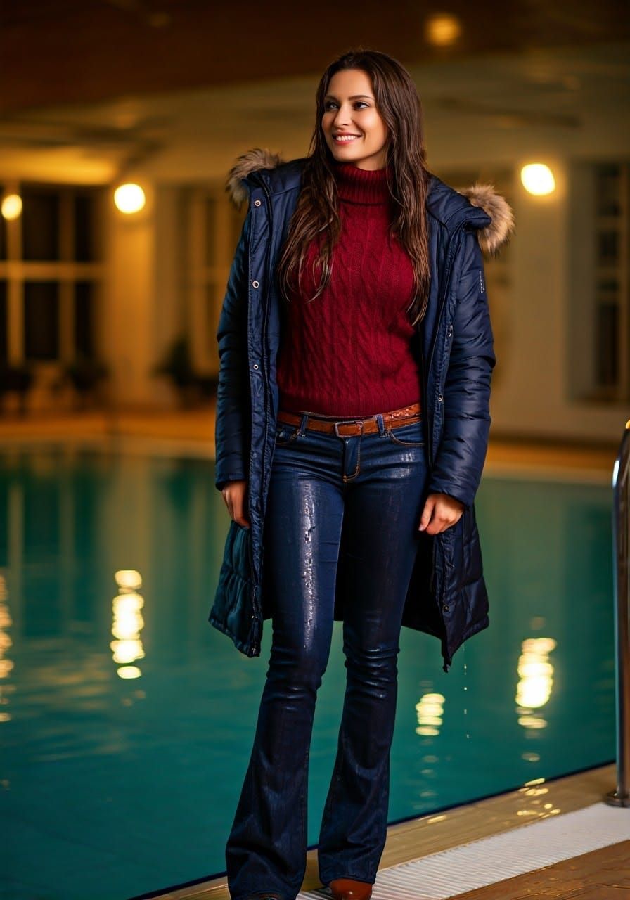 Mischievous Brunette Basks in Warm Indoor Pool Glow