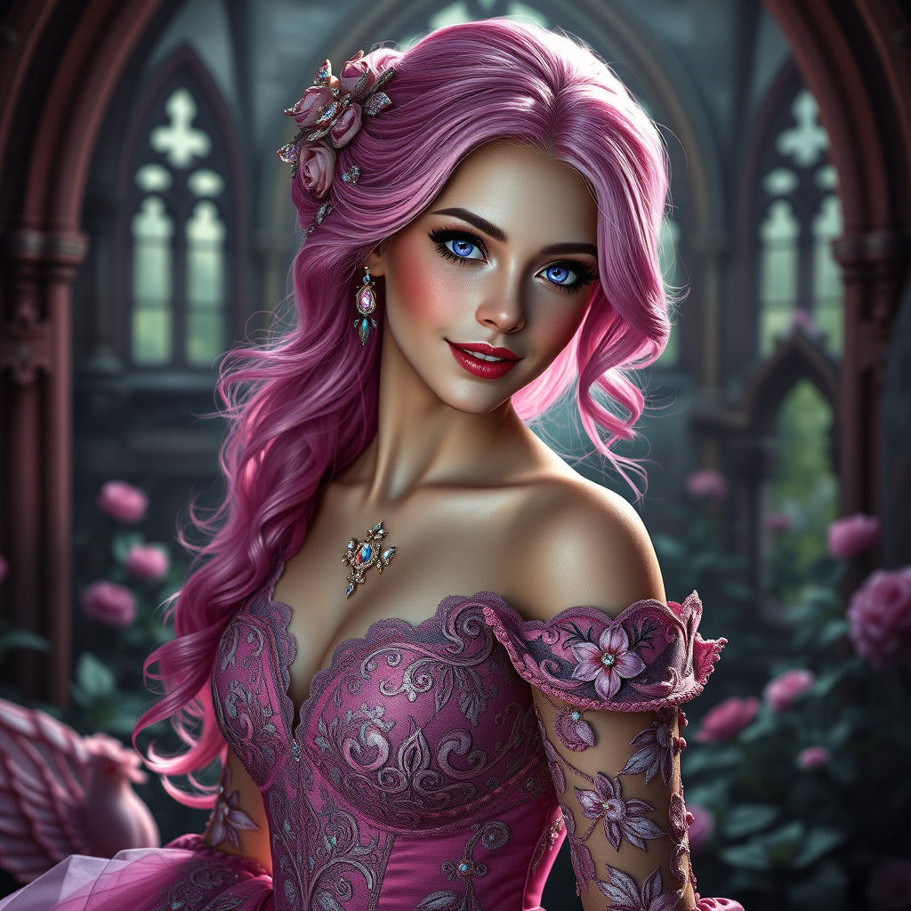 Enigmatic Pink-Haired Woman in Gothic Garden