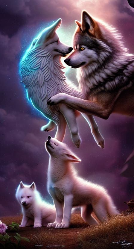 Angelic Guardian Protecting Wolf Pups in Cosmic Art