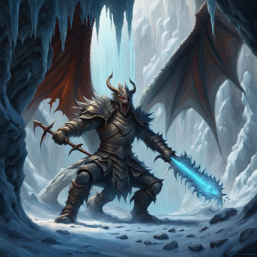 Dragon Warrior vs Ice Demon in Dark Fantasy Style