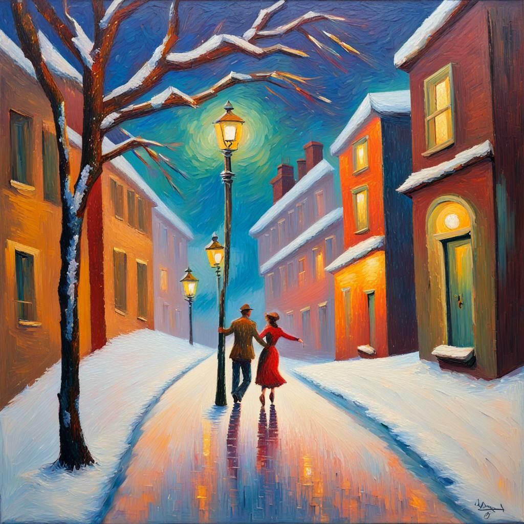 Couple Dancing in Snowy Street: Neo-Impressionist Oil Painti...