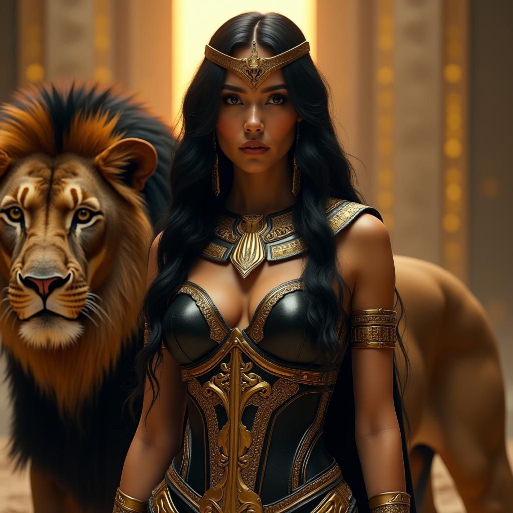 Egyptian Superhero in Golden Armor with Lion