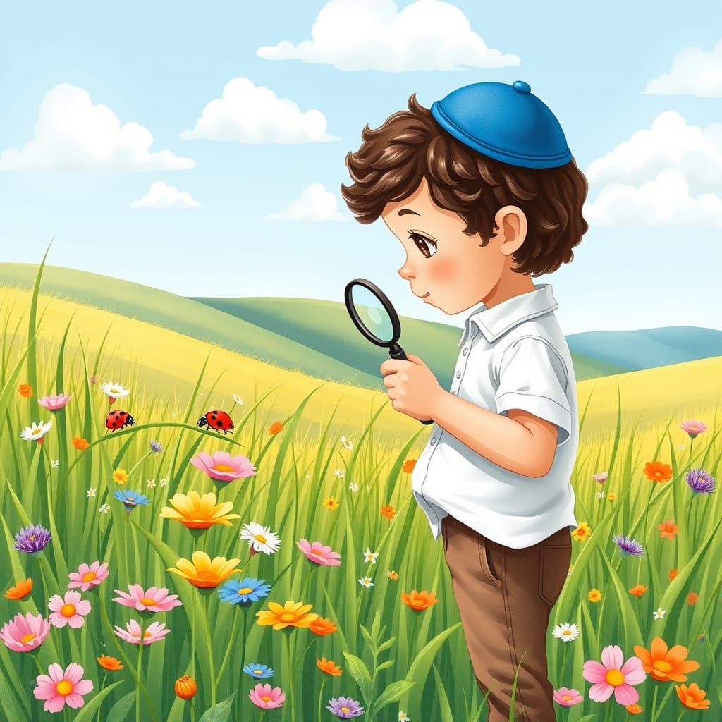 Young Boy Discovers Nature in a Sunlit Meadow Scene