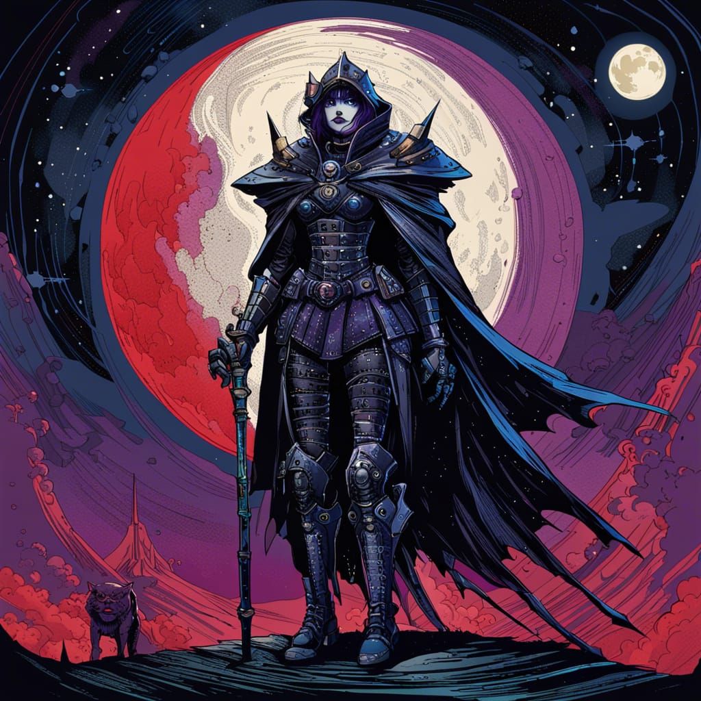 Cyber-Gothic Witch in MechWarrior Armor in Cyberpunk Style