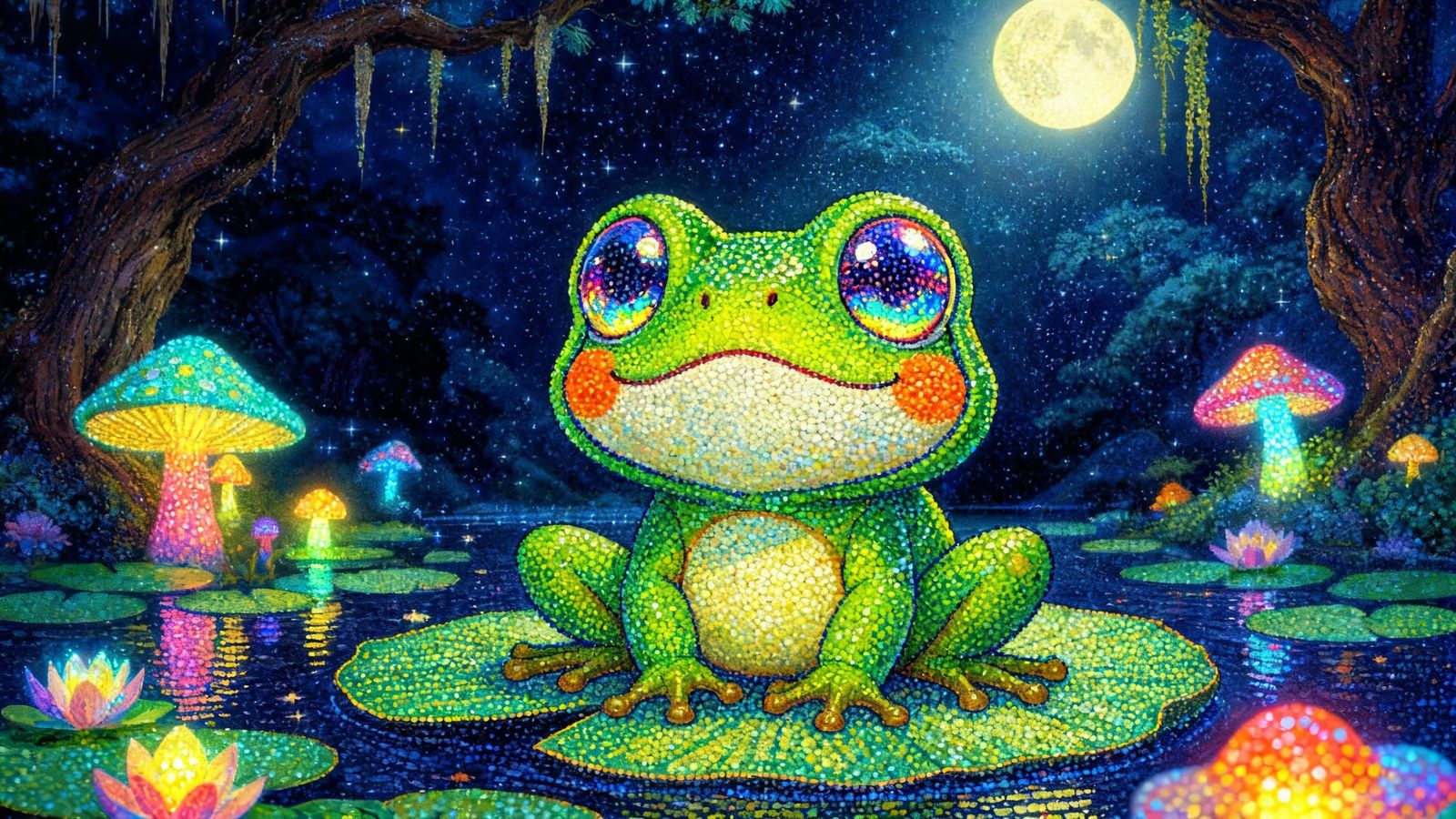 Cute Chibi Bunny in Frog Costume Under Moonlight
